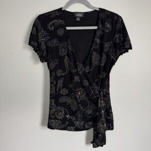 Whimsigoth Top Small Womens Floral Deep V Flutter Sleeve Fairy Textured Knotted
